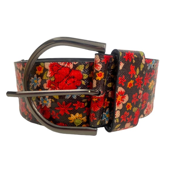 Vintage Accessories - Vntg Y2K Floral WIDE Coated Canvas Belt Big Buckle